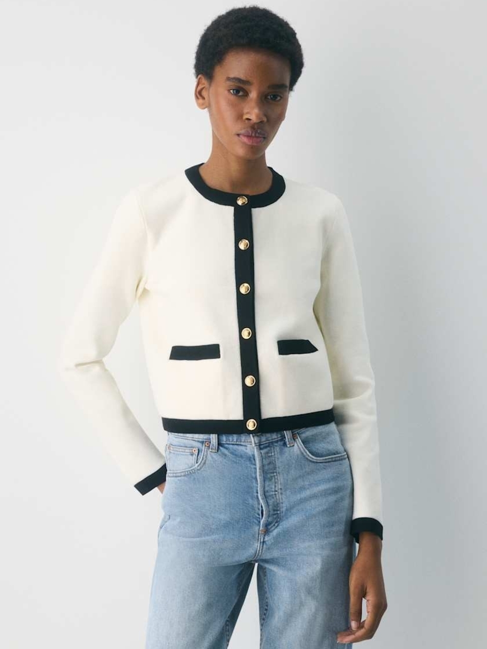 Aritzia Babaton Cream Cardigan with Black Trim and Gold Button Accent - Picture 2 of 14